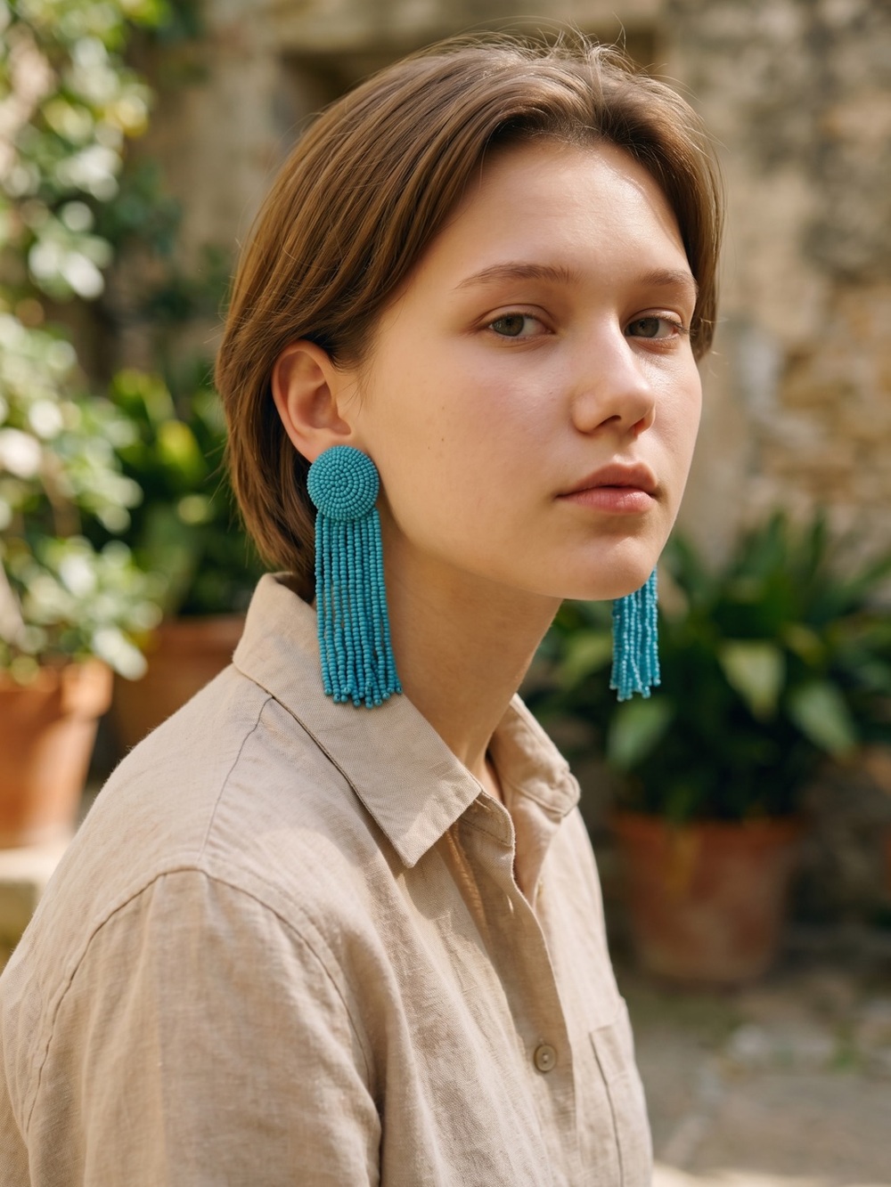 Turquoise Beaded Tassel Drop Earrings - Women Jewelry